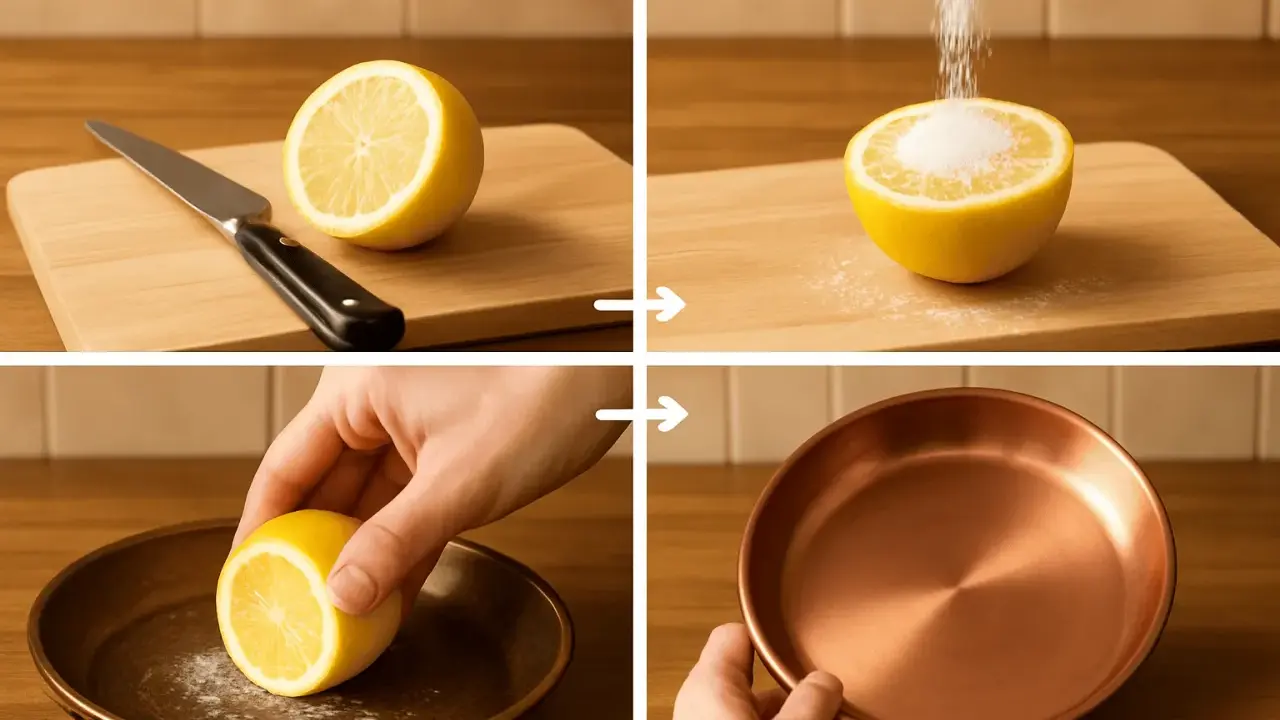 Pasos para limpiar el cobre: cortar limón, espolvorear sal, frotar con limón y ver el resultado brillante.