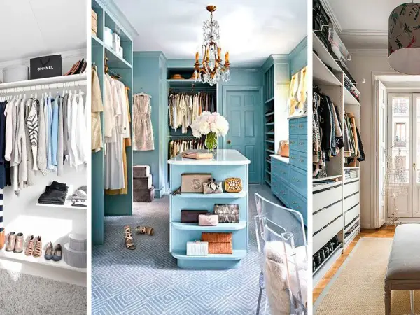 Tres vestidores cerrados: uno blanco minimalista, otro azul celeste con isla central y un tercero blanco con cajones y perchero.