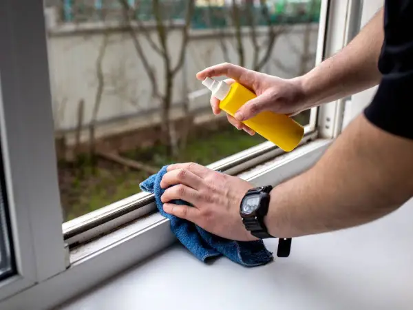 Persona rocía un limpiador en un marco de ventana sucio y usa un paño azul para limpiar moho y suciedad.